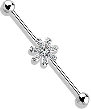 beyoutifulthings Industrial-Piercing Silber Blume Pavé Zirkonia Clear Industrial-Barbell Industrial-Bar Chirurgenstahl Stab-länge 38-mm