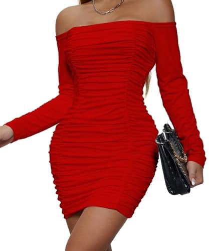 Belriviere Womens Sexy Mini Dress Bodycon Ruched Off The Shoulder Long Sleeve Short Dresses for Party Night Out Clubwear M Red
