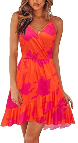 ULTRANICE Women's Summer Spring Dress Casual Floral Wrap V Neck Adjustable Spaghetti Ruffle Dresses,S