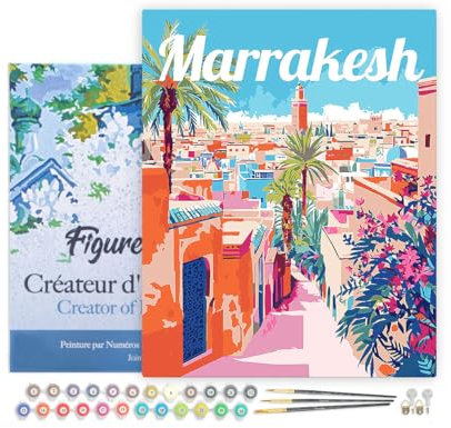 Figured'Art Malen Nach Zahlen Erwachsene Mit Rahmen Reiseposter Marrakesch Marokko - Paint by Numbers Basteln DIY Bastelset 40x50cm - Leinwand gespannt auf Holzrahmen
