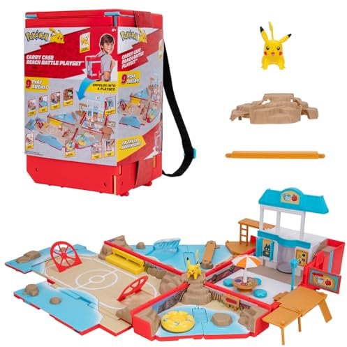 Bandai - Pokémon – Rucksack des Strandtrainers – Pokémon-Spielwelt mit Mini-Spielen – Tasche, die Sich in einen Strandspielplatz verwandelt – Pikachu Figur inklusive – Spielzeug-Set für Kinder ab 4