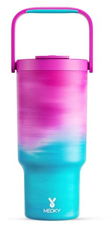 Meoky 32 oz Tumbler with Handle, Tumbler with Lid and Straw, Stainless Steel Travel Mug, 100% Leak Proof, Keeps Cold for 24 Hours, Fits in Car Cup Holder (Marshmallow)