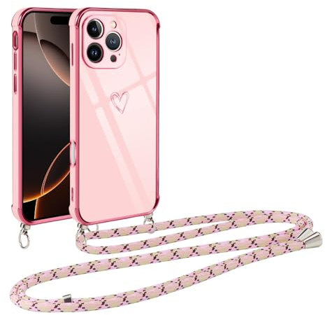 Vauki Cover con Cordino per iPhone 16 Pro Max, Carina Motivo Cuore Custodia con Collana, Antiurto Ultra Silicone TPU Morbida e Sottile Catena per Cellulare Case per iPhone 16 ProMax, Rosa