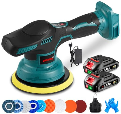 ONEVAN Akku Poliermaschine für Auto, 8-Gang Autopoliermaschine Poliergerät mit LCD, 150 mm kabelloser Autopolitur Maschine mit 2 1500mAh Akkus, 9 Polierpads, 2800-5500 RPM