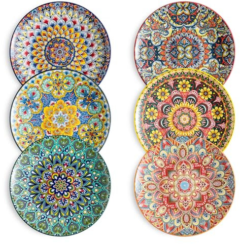 Keramik-Speiseteller, 21,6 cm, kleine Salat-/Dessertteller, bunt, böhmische Teller für Vorspeisen, Snacks, Obst, kleines Teller-Set für Küche und Restaurant, mikrowellen-, ofen- und spülmaschinenfest,