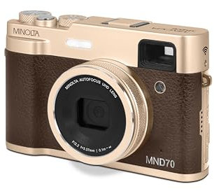 Minolta MND70 Retro 48 MP Fotocamera Digitale Autofocus con Video 5K Ultra HD, Obiettivo Selfie Posteriore e WiFi, Oro