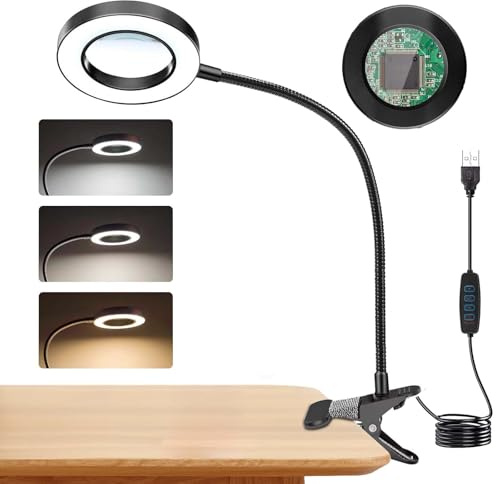 Yuragim Lupe mit Licht, 5X LED Lupenleuchte mit Klemme, 3 Farbmodi Dimmbare | Leselupe Lupenlampe, LED Beleuchtete Lupenleuchte, Hände frei für Diamond Painting Zubehör, Lesen Basteln Nähen