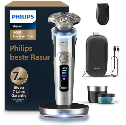 Philips Rasierer i9000 Prestige Ultra, Nass- und Trockenrasierer für Männer, chrom, Druck- und Bewegungssensor, Trimmeraufsatz, Reinigungsstation, Ladestation und Reiseetui (Modell XP9404/31)