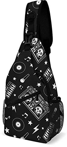 Crossbody Schultertasche Vinyl-Schallplatten Mikrofon Totenkopf Boombox Crossover Single Chest Rucksack Leichte Männerhandtasche Wasserfeste Schultertasche Für Wandern Radfahren