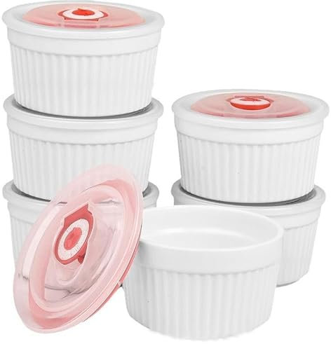 Lot de 6 ramequins en porcelaine de 236,8 g avec couvercles, passent au four et au lave-vaisselle, plats de cuisson élégants en céramique blanche, pour crème brûlée, soufflé, sauces, desserts