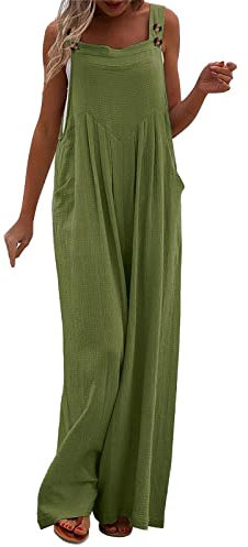 Salopette Lino Donna, Jumpsuit Donna Sportiva Senza Maniche Elegante Comoda Salopette Larga Spalline Gamba Larga Jumpsuit Casual con Tasche per Spiaggia Vacanza