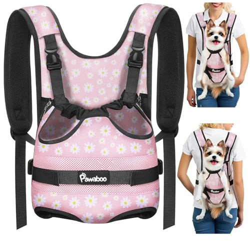 Pawaboo Haustier Rucksack Front Hund Tragetasche, Beinen heraus Rucksäcke Haustier, Verstellbar Hunderucksack für Klein Mittler Hunde Katzen für Reisen Wandern Radfahren Camping, M, Rosa Gänseblümchen