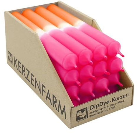 luterna DIP DYE Stabkerzen aus Paraffin, 180/22 mm, Neonorange-Pink, KERZENFARM HAHN, Brenndauer ca. 7h, 16 Stück pro Verpackung