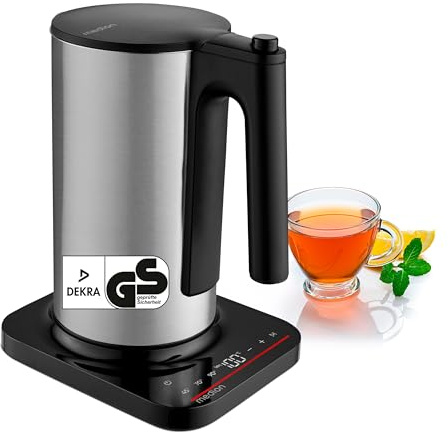 MEDION LIFE Digitaler Wasserkocher MD12106, 2.200 Watt Leistung, 1,5 Liter Kapazität, LED-Display, LED-leuchtbalken, automatische Programme, Kindersicherung silber