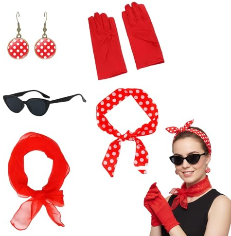Rockabilly Accessoires 50er Jahre Set für Damen, 5 Stück | Schal, Sonnenbrille, Handschuhe, Polka Dots Stirnband, Ohrstecker
