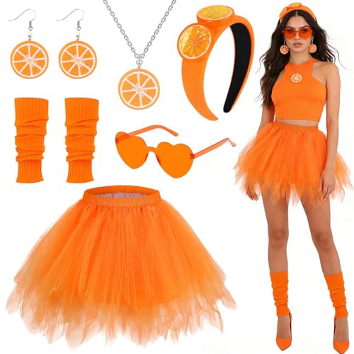 Vibbang Aperol Kostüm Damen, Aperol Spritz Kostüm, Karneval Kostüm Damen mit Tüllrock Orange, Haarreif Ohrringe Halskette Herz Sonnenbrille Beinwärmer, Aperol Accessoires für Fasching Festival Party