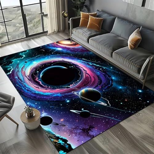 3D Teppich mit Kosmischem Nebel Stern Schwarzem Loch Galaxie Motiv,Wohnzimmer Dekorations Carpet Fußmatte für Zuhause Schlafzimmer Eingangsbereich Bequem Weich Rutschfest (Blue Purple,160x230 cm)