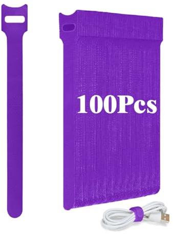 100 PCS Cable Ties Reusable - 150x12 mm Adjustable Cable Straps Nylon Charging Cord Hook and Loop Securing Tape Wire Tidy Straps Organiser, Ideal for Electronics Headphones - Purple