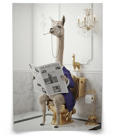 Muralo Poster Lama auf der Toilette, ohne Rahmen, UV-beständig - 30x40 cm | Bilder, glatte und seidige Oberfläche, fotografische Druckqualität - ideal für Badezimmer und WC