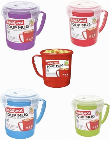 Home Fittings ® 2x Soup Mug Microwave Safe Assorted Colours BPA Free Lid with Steam Heat & Eat Vent Ideal for Soups and Noodles
