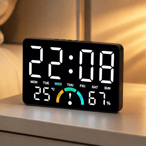 CEWROM Digitaler Wecker mit Licht, Große LED Digital Uhr, Moderne Alarm Clock, Tischuhr mit Temperaturanzeige und Kalender, Wecker Digital Funkuhr Präzision, Lauter Wecker für Tiefschläfer & Kinder