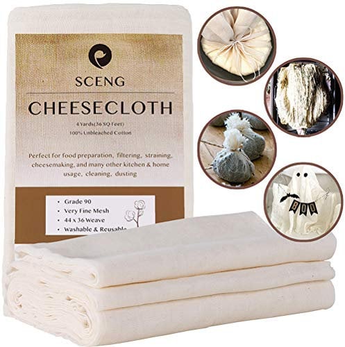 Étamine à fromage réutilisable de qualité 90, 3,6 m² en tissu 100 % coton non blanchi ultra fin pour la cuisine – Filtre à sac à lait de noix (grade 90 à 4 m)