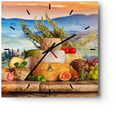 Modern Wanduhr Toskana Käse Obst Italien 30x30cm Quadrat Klein Wand Uhr Glas Analog Zimmeruhren Küche Büro Wohnzimmer Glasuhr Wall Clock Dekoration Design Wanddekoration Küchenuhr C3AC30x30-2902