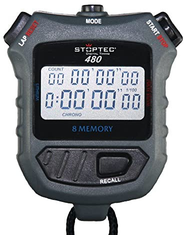 Stoptec Stoppuhr 480 (8 Memory|Uhrzeit & Datum|Timer) - Digital Profi Stoppuhr mit Druckpunktmechanik | einfacher Batteriewechsel | spritzwasserfest