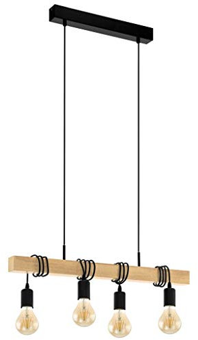 EGLO Pendelleuchte Townshend Holz Vintage, Hängelampe Esszimmer, Hängeleuchte 4-flammig, rustikale Retro Lampe im Industrial Design mit E27 Fassung, Pendellampe schwarz, braun