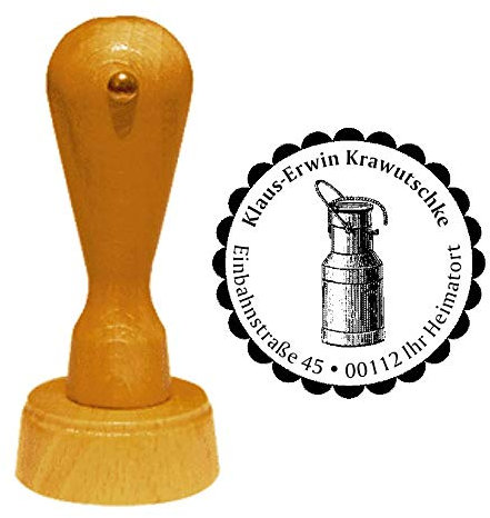 Stempel Adressstempel « MILCHKANNE » Durchmesser ca. Ø 40 mm - mit persönlicher Adresse, Motiv und Zierrand - Milch Kanne Bauernhof Bauer Landhaus