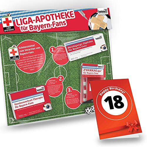 TOP-SELLER: 18. Geburtstag | Bundesliga Notfall-Set | Die LIGApotheke | 42 VEREINE | Schmerzmittel zum Überraschen + Lachen + Trösten für Bayern-Fans