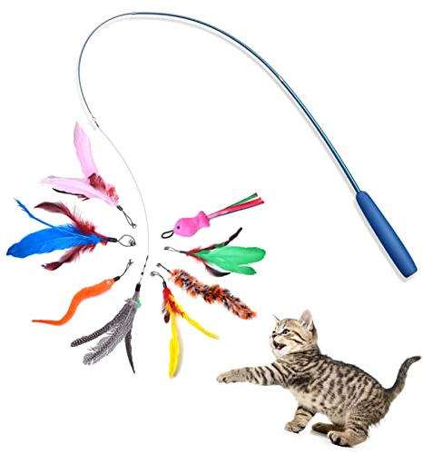Cat Fishing Rod Toy With Retractable Teaser - Interactive Wand Toys Flirt Pole for Indoor Cats, Adult Kitten Play, Exercise, Activity & Fun - 8 Pcs Replacement Refills
