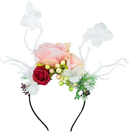 dressforfun 302794 Blumen Haarreif Blumenkranz, REH Geweih, für Dirndl und Trachten Party, weiß bunt