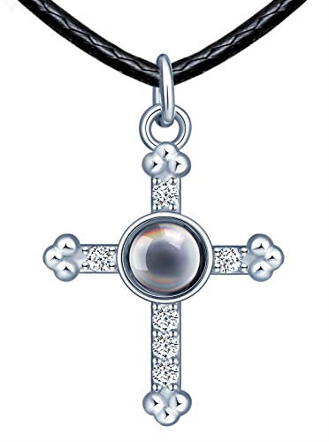 CPSLOVE Kreuz Paar Halskette, Herren und Damen Silber Anhänger, Eingelegter Schwarzer Nano Gem, mit 100 Sprachen Ich liebe dich Projektion