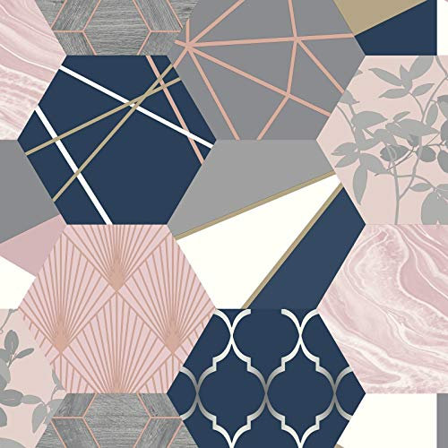 Patchwork Geo Hexagon Wallpaper Navy/Pink Rasch 215908