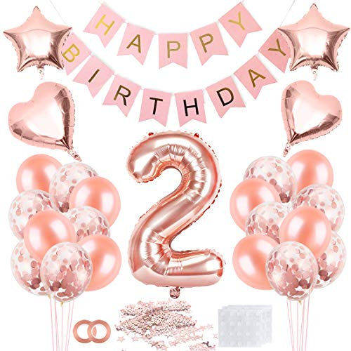 2 Jahre Geburtstag Mädchen, 2 Geburtstag Mädchen Rosegold, Luftballon 2 Geburtstag Mädchen, Geburtstagsdeko 2 Happy Birthday Banner, Konfetti 2 Geburtstag, Geburtstagsdeko Rosegold