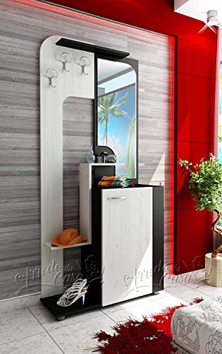 Mobile Da Ingresso Nero E Rovere Chiaro Moderno Di Nuova Generazione Appendiabiti Innovativi. Mobiletto Con Contenitore Con Specchio Ripiani E Ganci Attaccapanni IU18