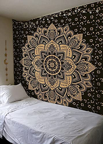 raajsee Indian Tapestry, Mandala, Black Gold, Boho Wall Decoration, Aesthetic Room Décor, Mandala Wall Tapestry, Wall Hanging, Psychedelic, 208X232 CM