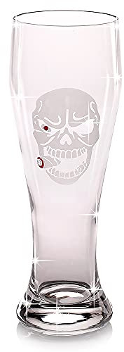 Design Kristall Weizenbierglas Smoking Skull, Bierglas mit Totenkopf rauchend