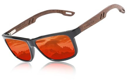 KINGSEVEN Design Holz Polarisierte Rechteckige Sonnenbrille für Herren, Walnuss-Holzrahmen Verspiegelte Brille zum Fahren W5508 (Rot)