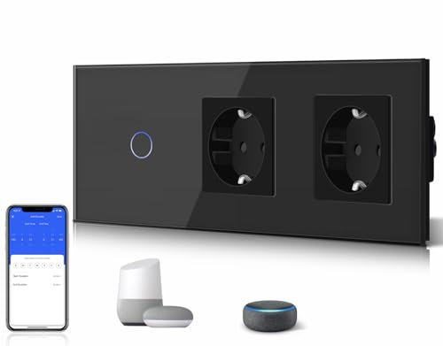 BSEED Toma de corriente normal Schuko con sensor de control por wifi Smart Alexa, interruptor de 16 A, enchufe doble de cristal, 1 compartimento de 1 vía, lámpara de pared, color negro