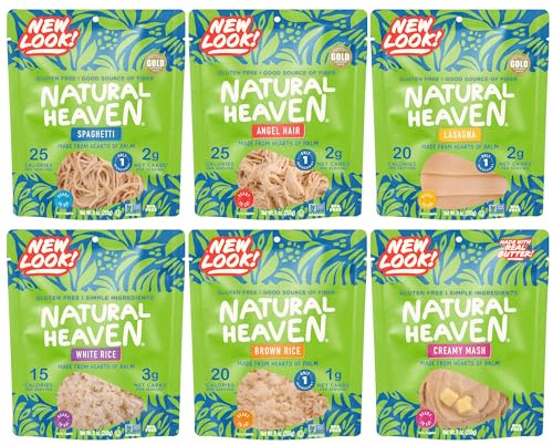 Natural Heaven Gift Set - Hearts of Palm Variety Pack - Low-Carb, Low-Calorie Creamy Mash, White & Brown Rice, Spaghetti Noodles, Lasagna, Angel Hair Pasta, Keto Foodie Gifts, 9 Oz (Pack of 6)