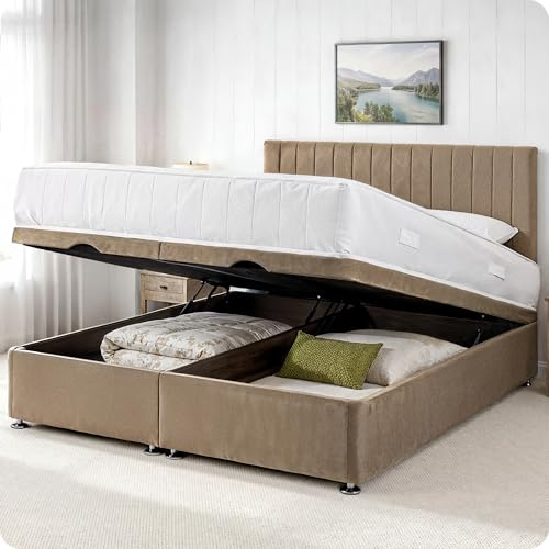 Comfy Deluxe LTD Apollo Ottoman Bed Base - 5FT King Size, Coffee | Plush Velvet Divan Storage Bed Frame with 26 Inch Headboard | Gas Lift Foot-End Opening | No Mattress Included | UK Made