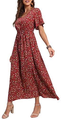 GRECERELLE Womens Summer Maxi Boho Beach Dress Floral Print Dress V Neck Short Sleeve Drawstring High Waist Flowy Long Midi Dresses (Cockscomb Red, L)