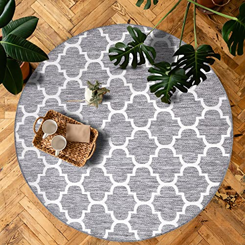 payé Outdoor Teppich Rund - 160x160cm - Wetterfest - Grau Weiß - Netz Raute - Teppiche für Terrasse Balkon Garten Indoor