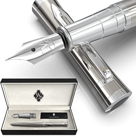 Wordsworth & Black Fountain Pen Set, 18K Gilded Medium and Extra Fine Nibs, 6 Ink Cartridges and Refill Converter, Gift Case, Smooth Writing Pens [Silver Chrome], Perfect for Men and Women