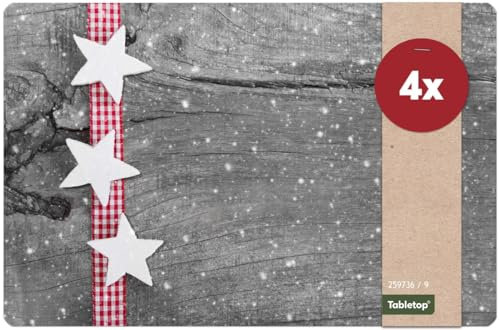 Weihnachts Tischsets 4er als abwaschbare Weihnachten Tischdeko - Platzsets Weihnachtsdeko Sterne grau als Winter Tischuntersetzer - Platzdeckchen als Tischunterlage für Esstisch Wohnzimmer Tisch
