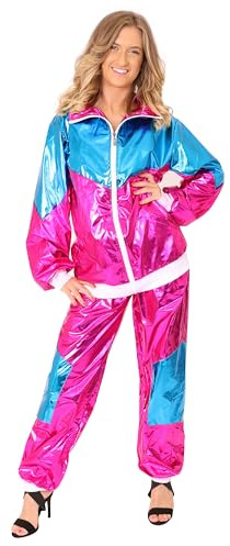 Ladies Shell Suit Costume - Fancy Dress 80's Shell Suit Chav Outfit - Pink Shiny Zip Up Jacket + Matching Trousers with Pockets Tracksuit