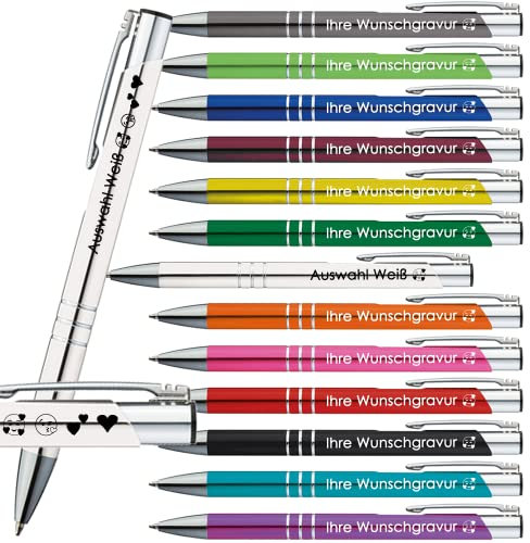 10 x Kugelschreiber mit Gravur | Emojis Gravur möglich | 13 Farben | Werbekugelschreiber mit Wunschgravur | Personalisierte Kulis | 10 Stück PS175 (Weiß)