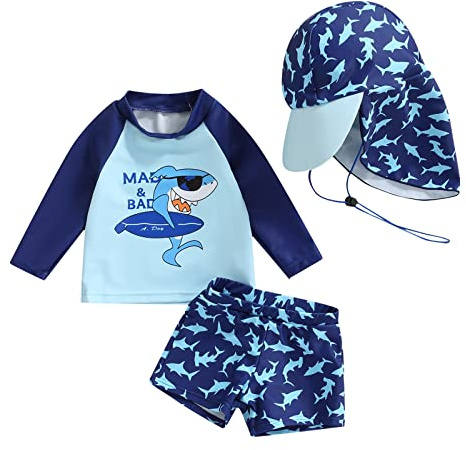Nouveau-né Bébé Garçon Maillot de Bain 2 Pièces Anti-UV T-Shirt Manches Longues + Short de Bain + Chapeau de Soleil Costume de Natation